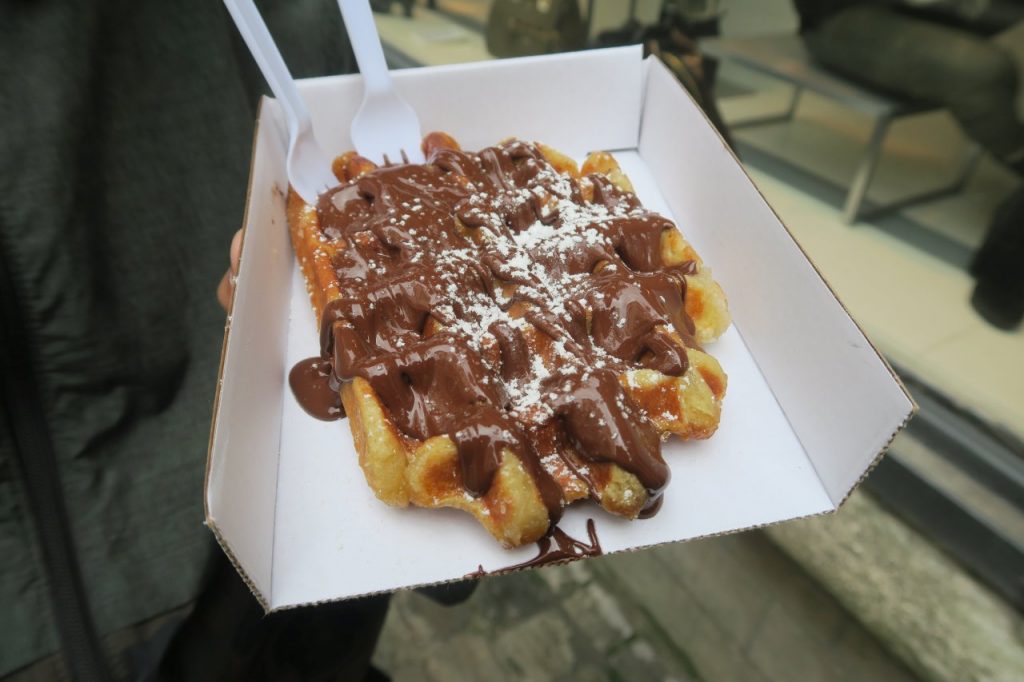 a nice textured liege waffle from oyya though you couldn't tell with the bucket of chocolate that's covering it
